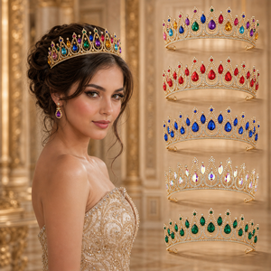 Diadème en pierres colorées avec des gouttes multicolores en or pour femmes, idéal pour le <span class=keywords><strong>carnaval</strong></span> et les défilés de Mardi Gras, élégant diadème de festival - Product Image 1