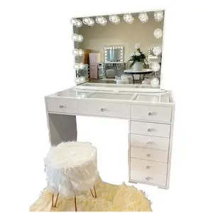 Latest Design Popular Wardrobe Dressing Wooden Vanity Table With Lighted Mirror Makeup Mirror Bedroom Furniture Modern Panel