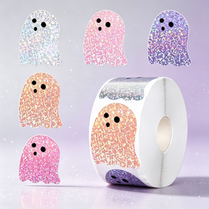 Rollo de pegatinas holográficas de fantasmas de Halloween, 500 Uds., 5 colores, 1,5 pulgadas, pegatinas de fantasmas, etiquetas autoadhesivas, manualidades para fiestas DIY - Product Image 1