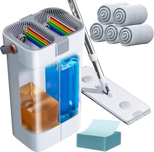 Rectangle Steel <b>Plastic</b> Basket Flat Floor Mop Bucket Set Hands-Free High Durability <b>Sliding</b> Wringing Microfiber Cleaning System - Product Image 1