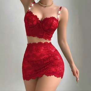 Set Baju Tidur Wanita Seksi Pakaian Dalam Lingerie Berkualitas Tinggi Pakaian Hari Valentine Merah Renda Spandex Romantis - Product Image 5