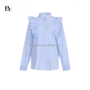 Venta al por mayor de alta calidad de lujo de fábrica de encargo de <span class=keywords><strong>cuello</strong></span> vuelto con volantes rayas impresas de algodón camisa de corte recto para las mujeres - Product Image 1
