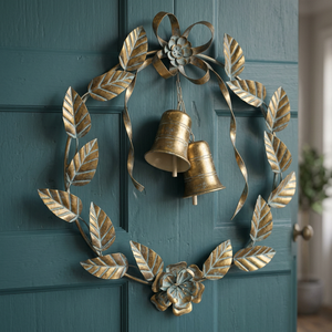 Metal Christmas <b>Wreath</b> With Gold Leaves And Bells Handmade Decorative Flowers <b>Wreaths</b> Classic Style Unlit Single Piece Package - Product Image 3