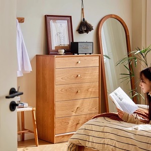 Solid Wood Five Drawer <b>Chest</b> Cherry Minimalist Style Freestanding Dresser Bedroom <b>Storage</b> Cabinet - Product Image 2