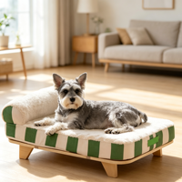 Lit pour animaux de compagnie pliable rectangulaire moderne, pieds en bois robustes, motif rayé confortable, canapé surélevé pour petits chiens et chats, carton écologique