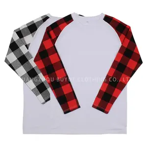 Baru Fashion Natal T-shirt Kustom Dicetak Polyester Sublimasi Kosong T Shirt Lengan Panjang Buffalo Kemeja Kotak-kotak