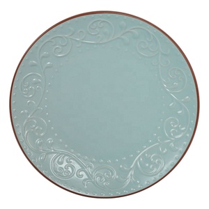 Embossed Design Home Restaurant Red <strong>Clay</strong> Mouth Edge Ceramic Dinner <strong>Plate</strong> - Product Image 6