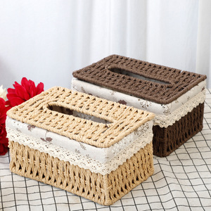 Caja de pañuelos personalizada para escritorio, caja de almacenamiento de pañuelos de mimbre estilo hogar, cesta de almacenamiento simple con tapa. - Product Image 1