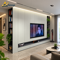 Meuble TV intégré blanc avec portes à panneaux plats, colonnes à double étagère ouvrables et base à tiroirs, idéal pour salon moderne – Vente directe usine