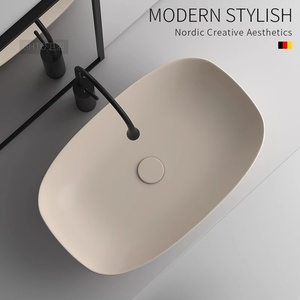 Lavabo <span class=keywords><strong>de</strong></span> Cerámica Creativo y Único, Estilo Crema Mate, con un Solo Orificio, para Baño o Balcón, Ovalado - Product Image 4