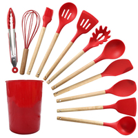 Ensemble de 12 ustensiles de cuisine écologiques antiadhésifs en silicone et nylon avec support en bois