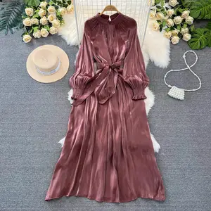 LY5039 nuovo 2024 europeo elegante tinta unita colletto alto manica lunga brillante abito donna abiti Midi abbigliamento 1