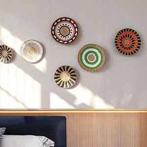 Panier mural rond en bambou tressé Art Déco, thème plantes/fleurs colorées, ensemble de décoration <span class=keywords><strong>murale</strong></span> - Product Image 4