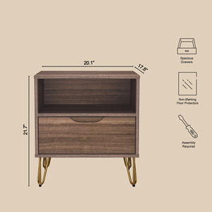 Brown Nightstand With Drawer And <b>Open</b> Shelf On Gold Hairpin Legs - Product Image 6