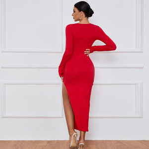 2026 Robe sexy pour femme, à nœud ajouré sur le devant, manches longues, amincissante, style transfrontalier, taille haute, jupe crayon, robe croisée élégante - Product Image 4