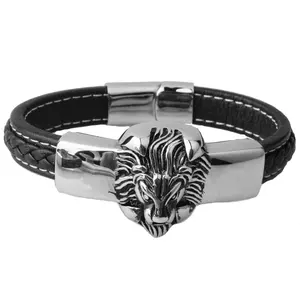 Factory Direct Koop Hoge Kwaliteit Fashion Charm Leeuwenkop Heren Rvs Polish Glanzende Lederen Armband