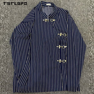 Camisas de Manga Larga para Hombre, Diseño Retro Casual con Rayas, Estilo Bombero, Cierre Mecánico, Ropa <span class=keywords><strong>Vintage</strong></span> Personalizada - Product Image 3