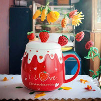 Mug à café en porcelaine fine motif dessin animé mignon avec couvercle et cuillère, grande capacité isolée et réutilisable pour la maison et la rentrée scolaire