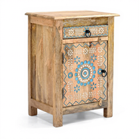 Table de chevet en bois de manguier sculpté à la main, 1 tiroir, style moderne, motif floral, artisanat indien traditionnel, élégante, pour appartement ou école