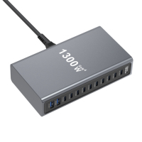 Cargador Rápido USB C de Escritorio GaN de 1300W con 12 Puertos, 10C 2A PD, con Enchufes Globales para 12 Dispositivos Simultáneamente, Universal
