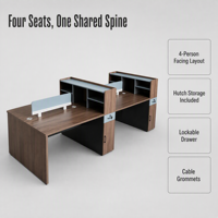 Bureau de travail avec finition grain de bois foncé, écrans d'intimité bleu clair, huche surélevée et tiroir verrouillable pour équipe de bureau