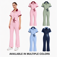 Seragam Kerja Medis Wanita OEM, Jumpsuit Satu Potongan dengan Kerah Kontras, Pinggang yang Dapat Disesuaikan, Kaki Model Bootcut, untuk Klinik dan Rumah Sakit