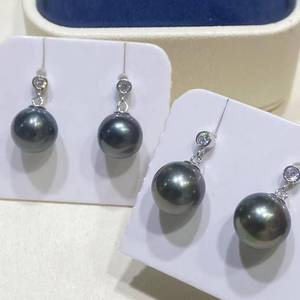 Boucles d'oreilles pendantes en argent sterling 925 avec perles de Tahiti 10-11 mm, couleur naturelle, lustre élevé, perles d'eau de mer presque rondes, bijoux - Product Image 2