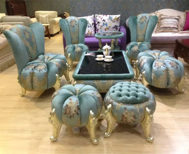 Mueble de salón neoclásico europeo, verde oscuro, combinación de mesa cuadrada de hotel, sofá redondo, taburete, sofá de calabaza