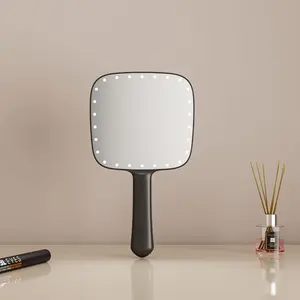 Zwart Vierkant Logo Custom Bulk Make-Up Draagbare Verlichte Reis Make-Up Spiegel Handheld Kleine Spiegel Met Licht