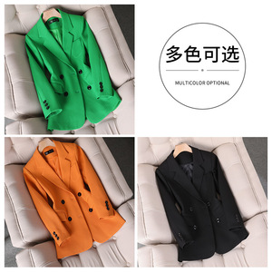 Women's Green Blazer Double Breasted Solid Color Polyester Casual Loose Fit Suit Jacket - Product Image 4