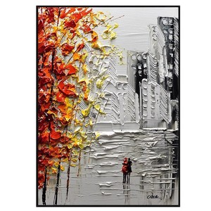 Peinture à l'huile abstraite peinte à la main, paysage urbain, cadre métallique 3D, murale rectangulaire pour décoration de salon ou d'entrée - Product Image 5