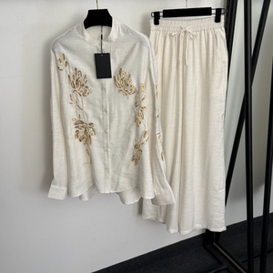 Completo Casual da <span class=keywords><strong>Donna</strong></span> in <span class=keywords><strong>Lino</strong></span> con Top a Maniche Lunghe con Scollo a V Ricamato e Paillettes + Pantaloni a Gamba Larga a Vita Alta - Product Image 5