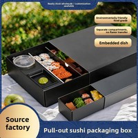 Boîte à emporter haut de gamme pour cuisine japonaise, type tiroir avec compartiments à sauce, en carton blanc de qualité alimentaire, jetable, pour pique-nique et sushis, avec couvercle coulissant