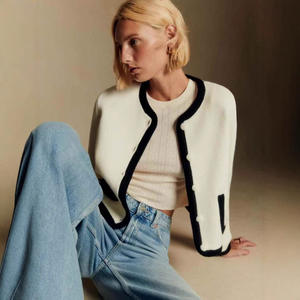 Cárdigan Corto de Mujer, Estilo Francés, Primavera, Nuevo, Color Block, Bolsillo, Botón Único, Cuello en V, Elegante, Mezcla de Lana Suave - Product Image 3