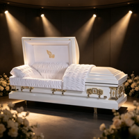 Cercueil funéraire en acier blanc de style américain avec poignées dorées et intérieur en velours