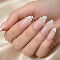 Faux ongles à presser personnalisés OEM, style amande, French manucure, ornés de perles, rose nude brillant, pour mariée, vente en gros et en vrac