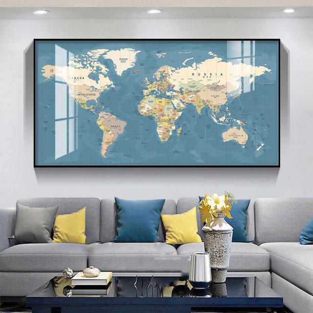 Large Vintage World Map Wall Art Framed Crystal Porcelain Painting for Office & Living Room Decor