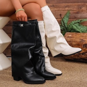 Bottes à talon épais plissées à bout pointu taille plus, style européen et américain, pour l'automne et l'hiver, commerce extérieur, mode féminine, à enfiler - Product Image 2