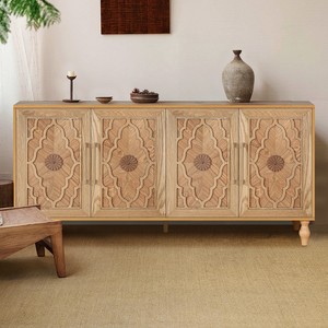 Carved Flower Door Solid Wood Modern Large Storage Cabinet with Handle Suitable <b>for</b> Living Room <b>Kitchen</b> Entryway - Product Image 1