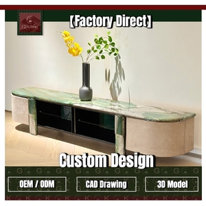 GOLDKING Mueble de TV Moderno y Minimalista para Sala de Estar, con Paneles Laterales de Tela, Marco Metálico y Detalles en Mármol Verde, Personalizable - Product Image 1