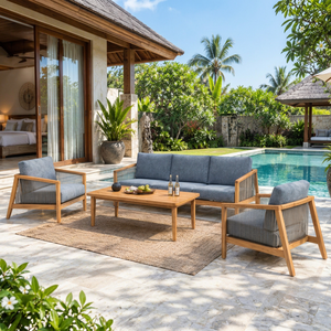 Tropical Outdoor <b>Sofa</b> Set <b>Wood</b> <b>Frame</b> Blue Cushion Waterproof Garden Furniture for Villa Patio - Product Image 1