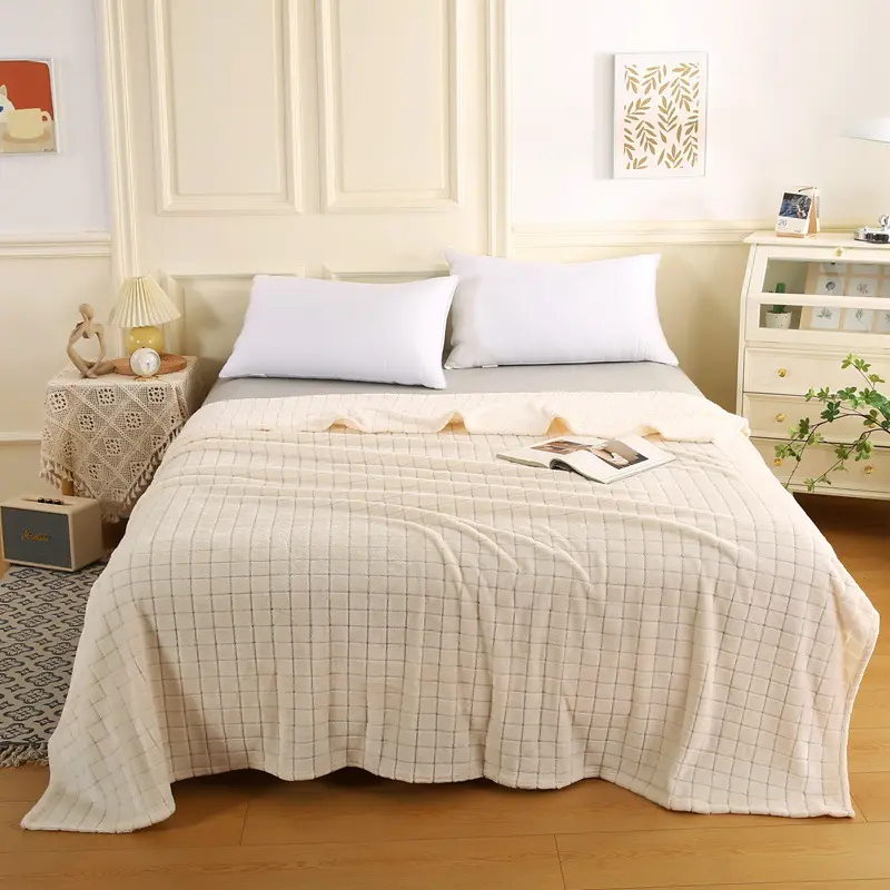 Cobertor de flanela xadrez super macio para cama, cor sólida, leve e personalizada, textura xadrez personalizada por atacado