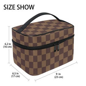 Luxury Personalize Portable Brown Checkered Toiletry <b>Case</b> <b>Makeup</b> Bag Ladies Travel Square Cosmetic Bag with Zipper and Handle - Product Image 2