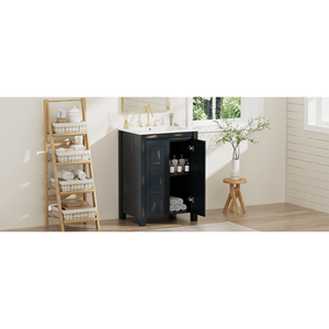 DB Vintage Style 24x18x34 pulgadas Combo de tocador de baño pequeño Lujoso diseño de 2 puertas Fregadero de cerámica Mármol Características de cierre suave - Product Image 6