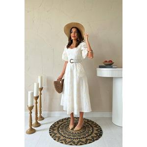 Vestido Casual de Fiesta Tejido Transpirable con Cuello Redondo y Cintura Natural, Línea A, Bordado en Color Blanco Hueso, Venta al por Mayor - Product Image 5