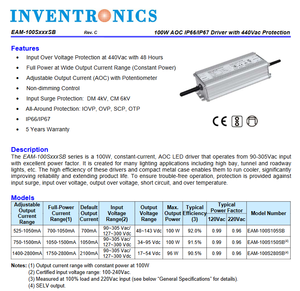 Inventronics EAM Series Driver 100w Courant Constant 90-305v AOC LED Driver IP67 Inventronics LED Driver - Product Image 2