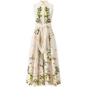 เดรสเชิ้ตแขนกุดลายเลมอนสำหรับผู้หญิง พร้อมเข็มขัด ทรงเอไลน์ ความยาวปานกลาง - Product Image 1