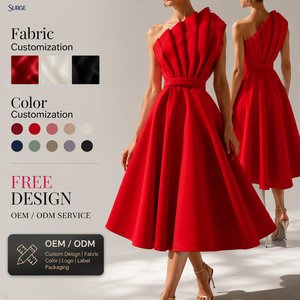 Abito <span class=keywords><strong>midi</strong></span> da donna in poliestere e cotone, casual estivo, senza spalline, senza maniche, con corpetto a pieghe, vita alta con cintura, <span class=keywords><strong>rosso</strong></span> tinta unita, linea ad A, per feste - Product Image 1