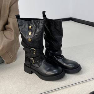 Versión de Cuero Vacuno ~ Botas de Mujer de Cuero Genuino, Novedades Otoño-Invierno 2025, con Hebilla de Cinturón, Punta Redonda, Altura Media de Pantorrilla, Estilo Montar a Caballo - Product Image 2