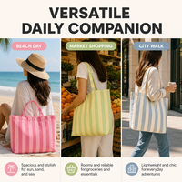 Sac de plage en toile rayé d'été, grande capacité, réutilisable, en coton, avec fermeture éclair, sac de voyage portable, sac de shopping, logo personnalisé